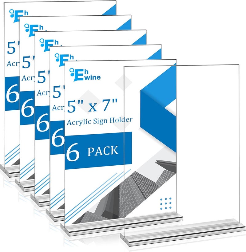 EHWINE 6 Pack Acrylic Sign Holders - 5 x 7, Double-Sided Stand Up Table Top Sign Holders, Clear Acrylic Picture Frame Menu Flyer Paper Display Stand for Office Business Store Wedding Party - Image 1